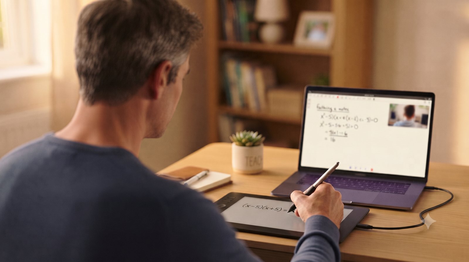 A tutor working through algebra with a student over a shared online whiteboard.
